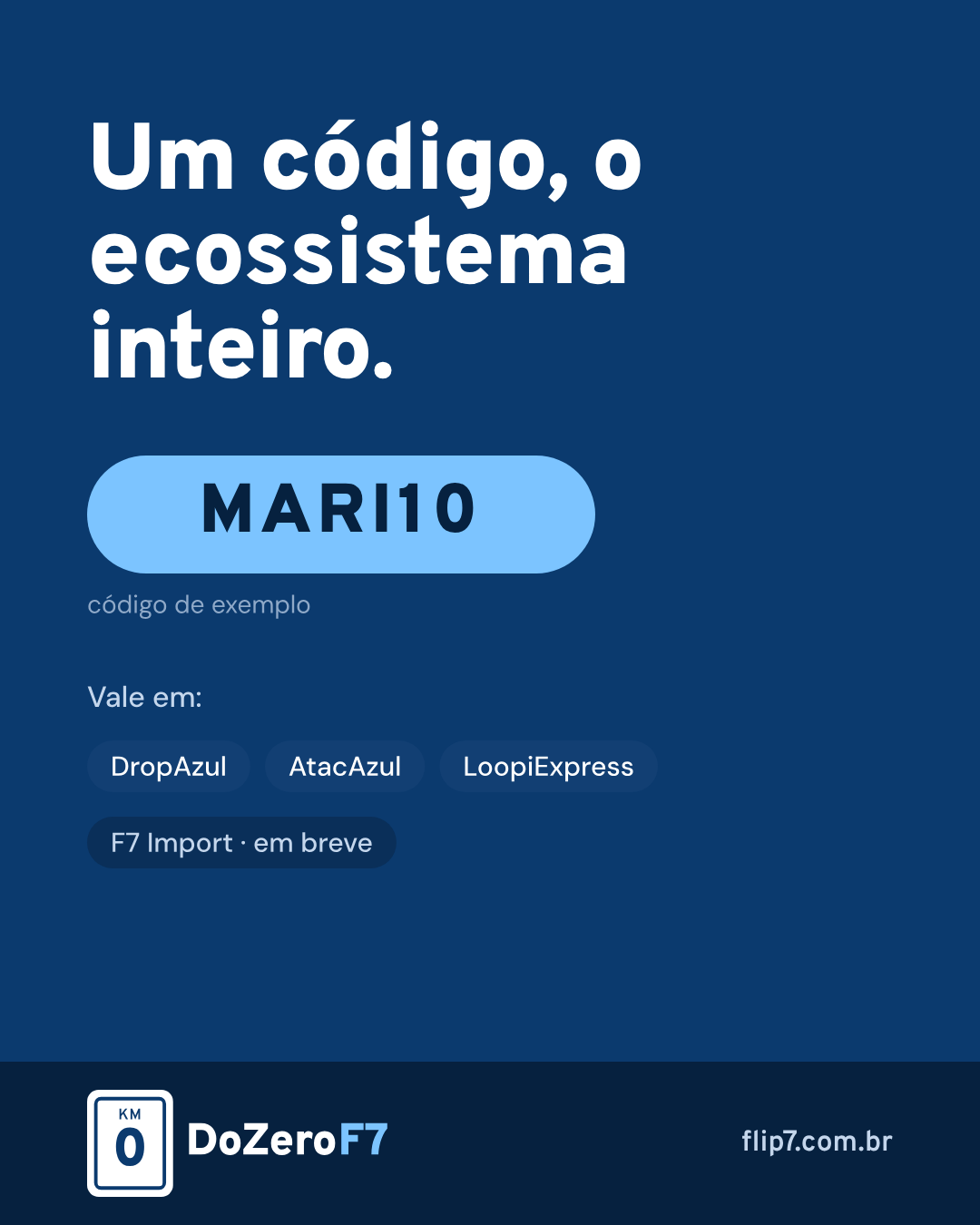 Arte do DoZeroF7: um código, o ecossistema inteiro. Código de exemplo MARI10, válido em DropAzul, AtacAzul, LoopiExpress e F7Import (em breve).
